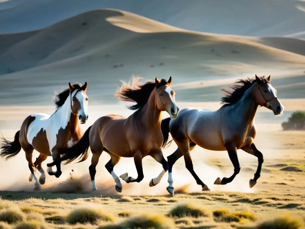 Manada de majestuosos caballos mongoles galopando en la estepa, su belleza salvaje captura la esencia de domando caballos estepa Mongolia