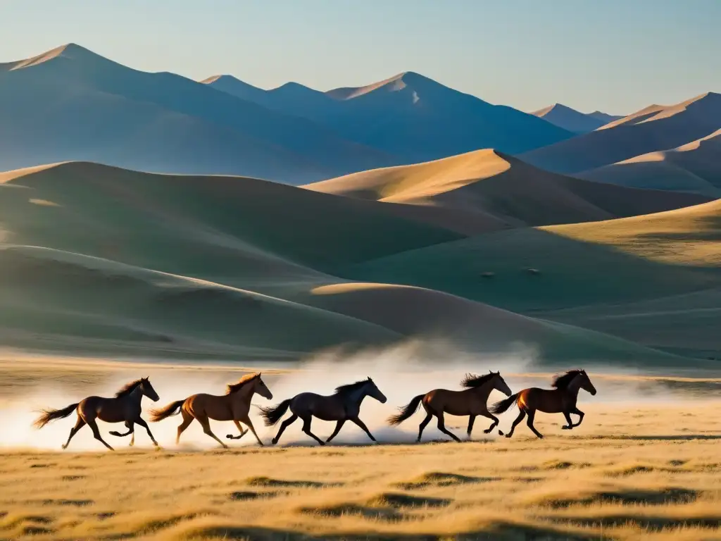 Manada salvaje de caballos galopando en las llanuras de Mongolia al atardecer, resaltando la caza y fauna en Mongolia