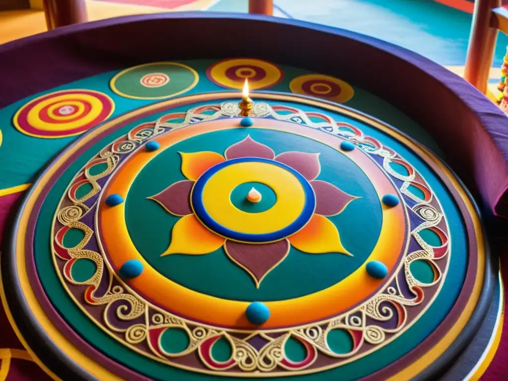 Un mandala tibetano de arena, creado por monjes en un monasterio, captura la esencia espiritual del Budismo en el Imperio Mongol