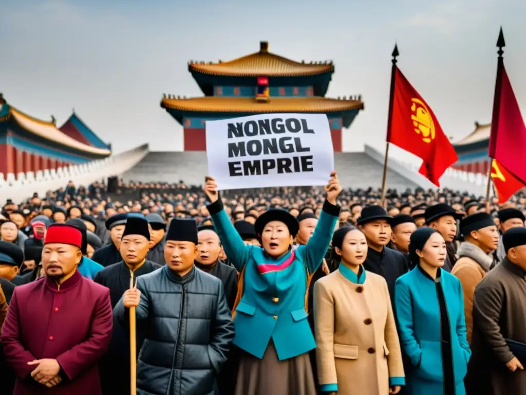 Manifestantes en ropa tradicional protestan frente a monumento del imperio mongol, evocando rebeliones contra imperio mongol