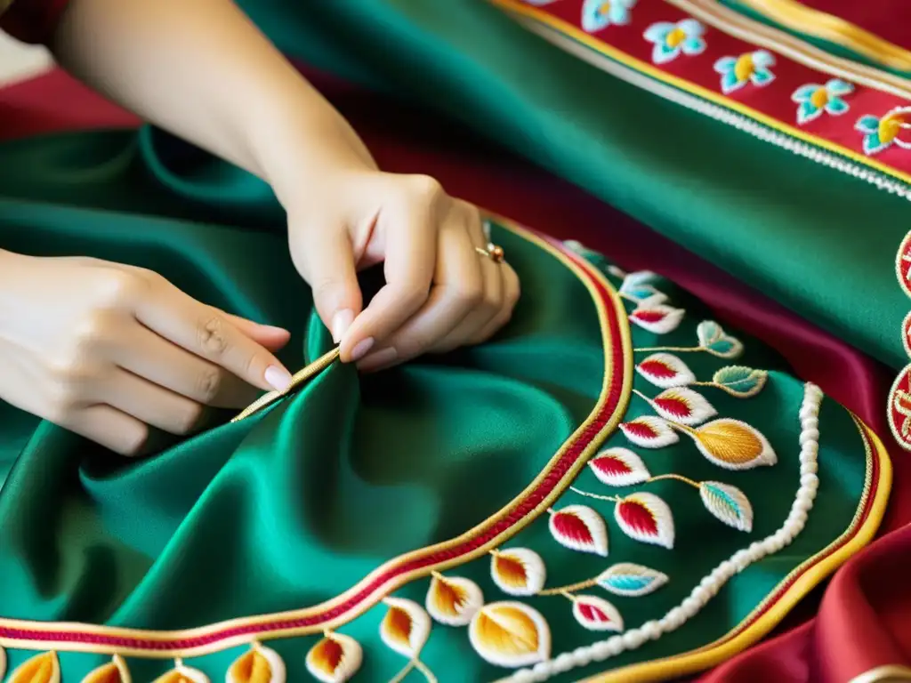 Las manos del diseñador mongol bordan patrones tradicionales en seda, fusionando elegancia nómada con alta costura