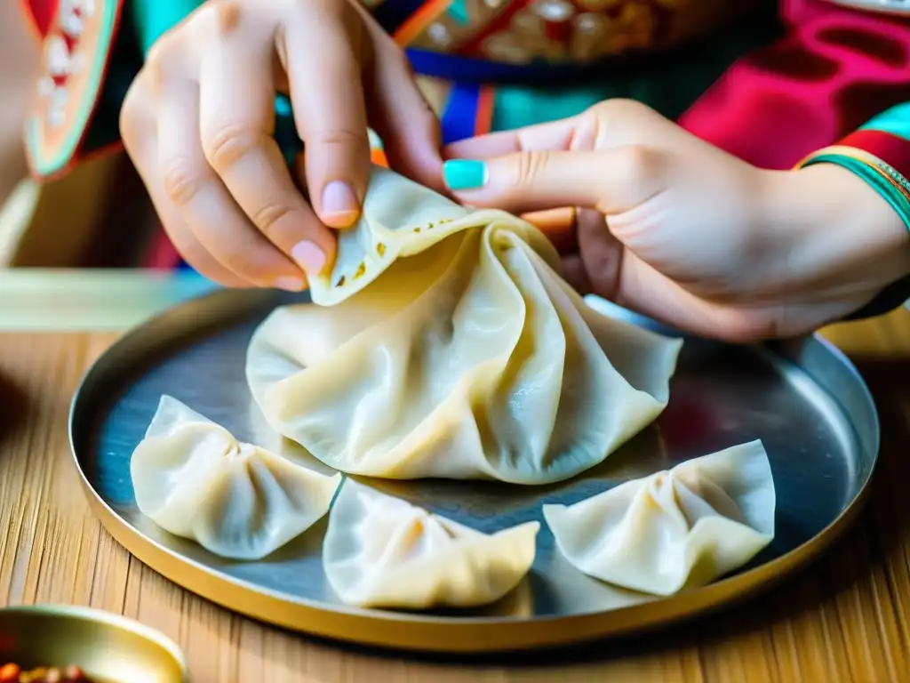 Unas manos expertas crean dumplings tradicionales de Mongolia con delicadeza, mientras el vapor de los dumplings recién cocidos llena el ambiente