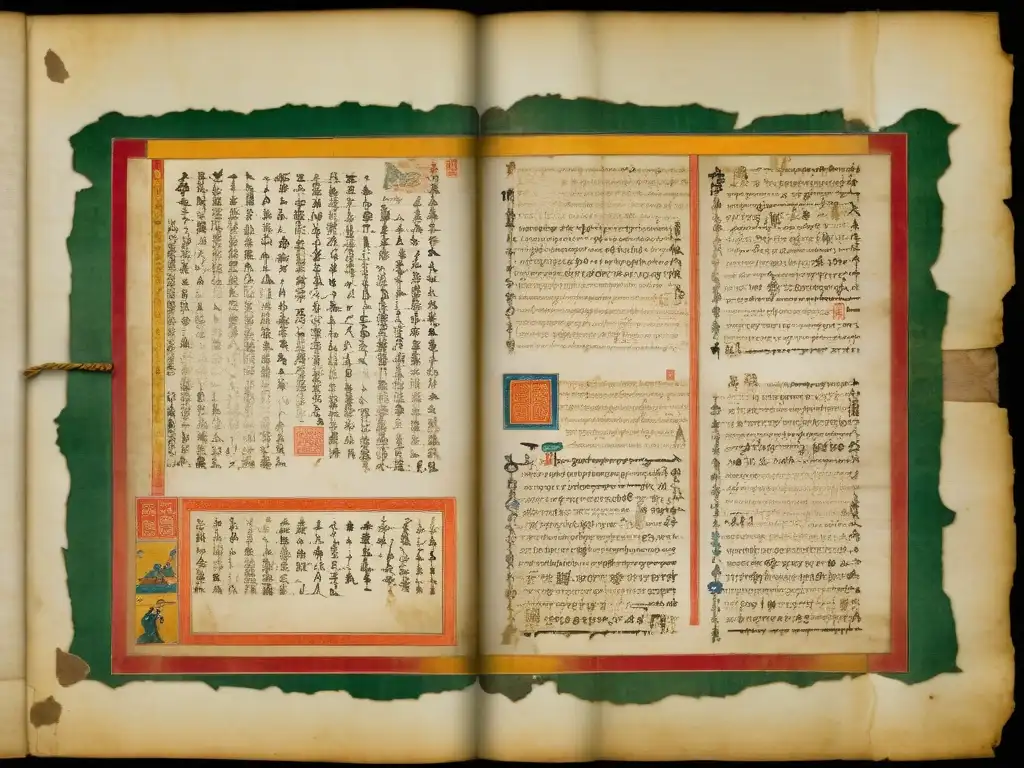 Manuscrito antiguo iluminado con escritura y dibujos detallados, capturando la vida en el Imperio Mongol