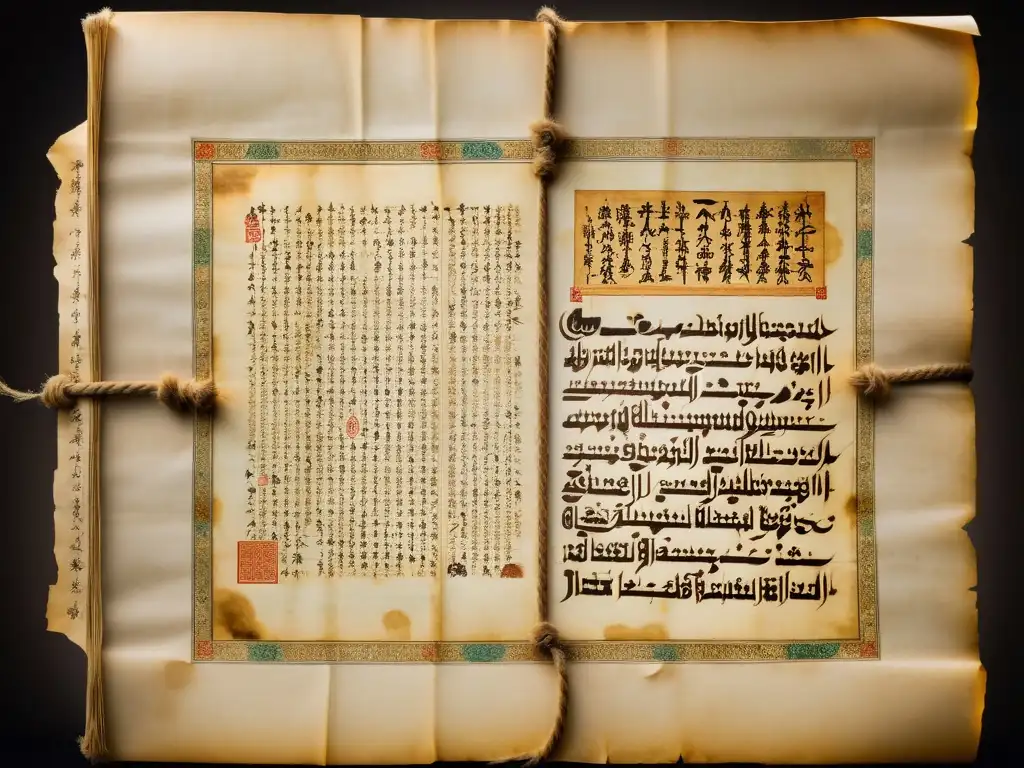 Manuscrito antiguo con Yassa y Sharia, evocando el choque y convivencia de códigos legales en el Imperio Mongol