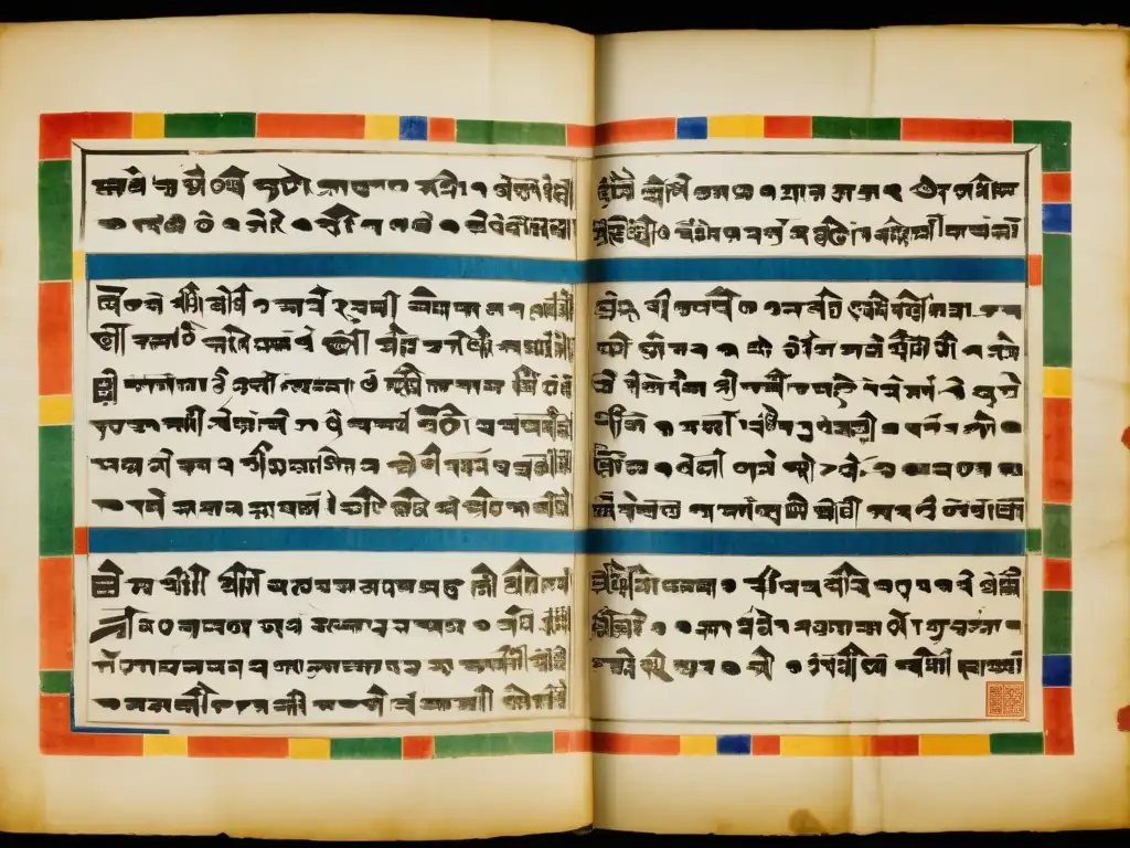 Manuscrito bilingüe MongolTíbet, testamento del intercambio lingüístico Imperio MongolTíbet, con caligrafía e ilustraciones detalladas