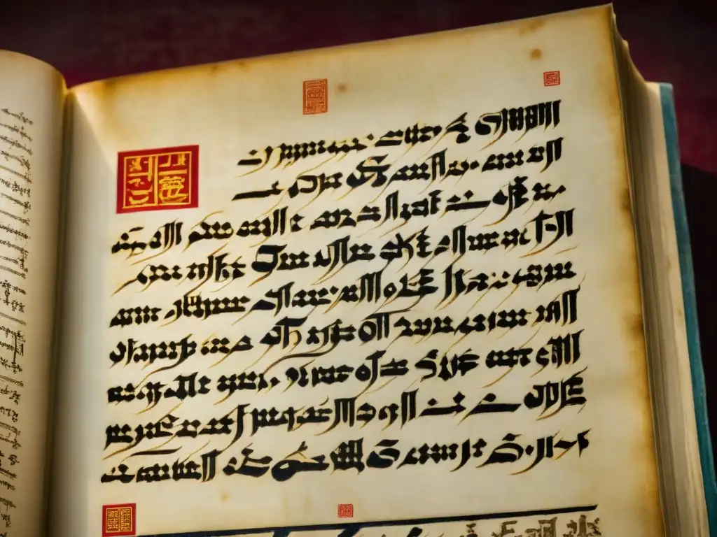 Manuscrito del Yassa, código legal secreto de Genghis Khan, con ilustraciones ornadas y caligrafía antigua, envejecido y místico