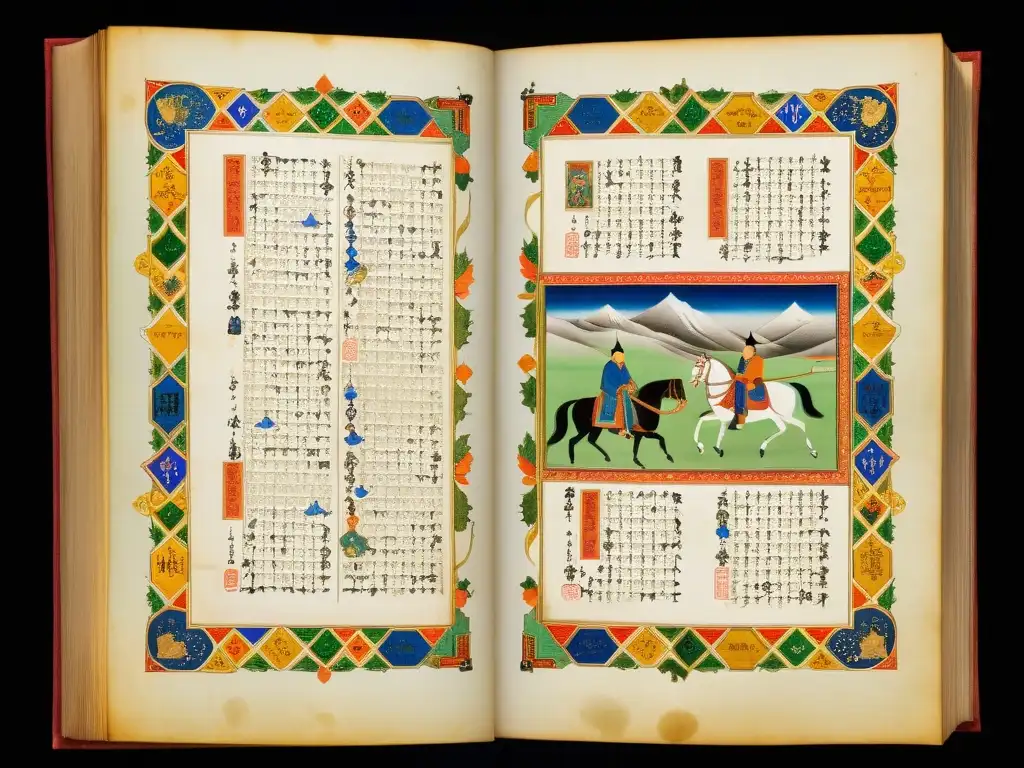 Manuscrito iluminado de la era mongola con intrincada caligrafía y coloridas ilustraciones, mostrando la rica literatura de la era