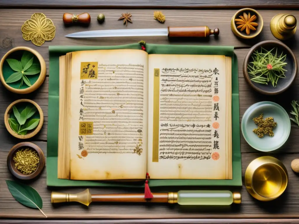 Manuscrito médico del Imperio Mongol Medio Oriente: caligrafía detallada, hierbas medicinales, instrumentos antiguos, luz natural cálida