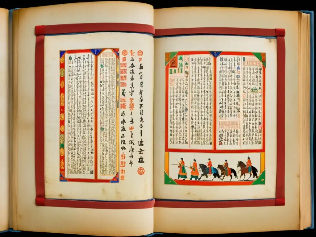 Manuscrito medieval mongol detallado, con ilustraciones coloridas de la vida cotidiana y tradiciones culturales, incluyendo yurtas mongolas