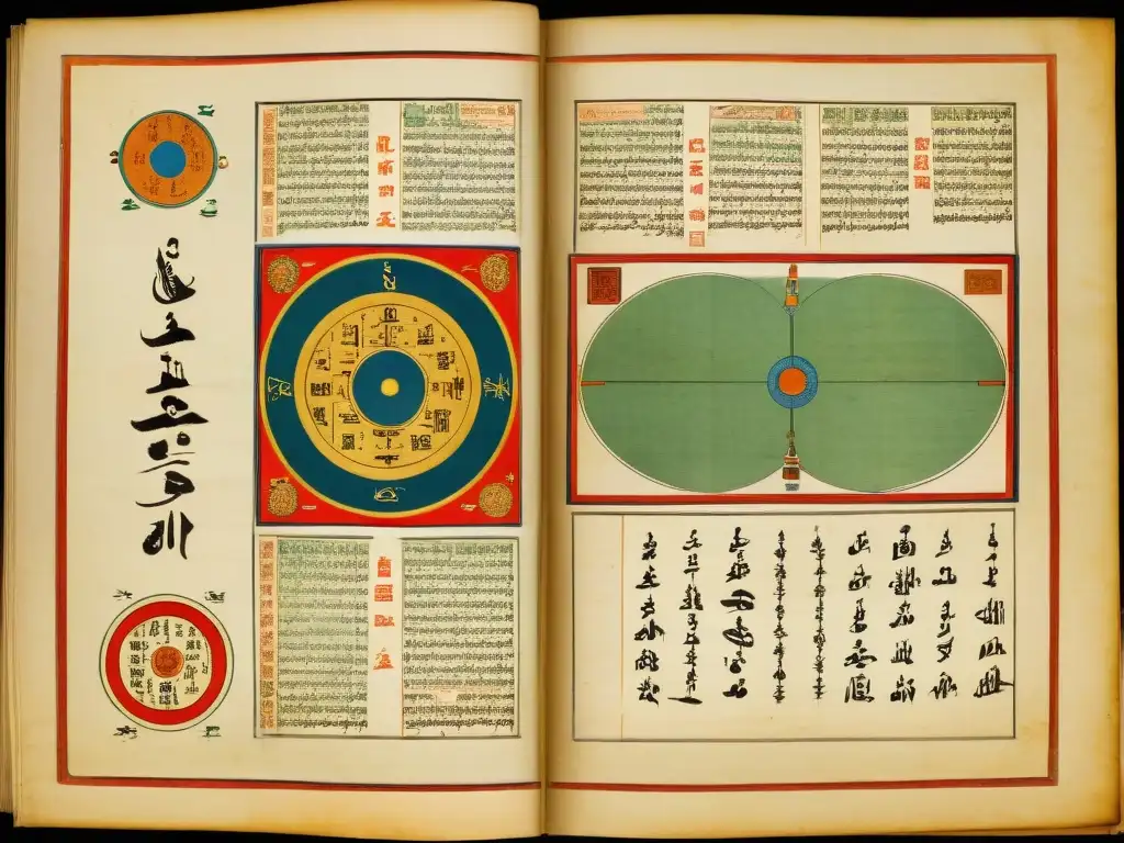 Manuscrito mongol antiguo con ilustraciones vibrantes de avances científicos y culturales durante el Imperio Mongol