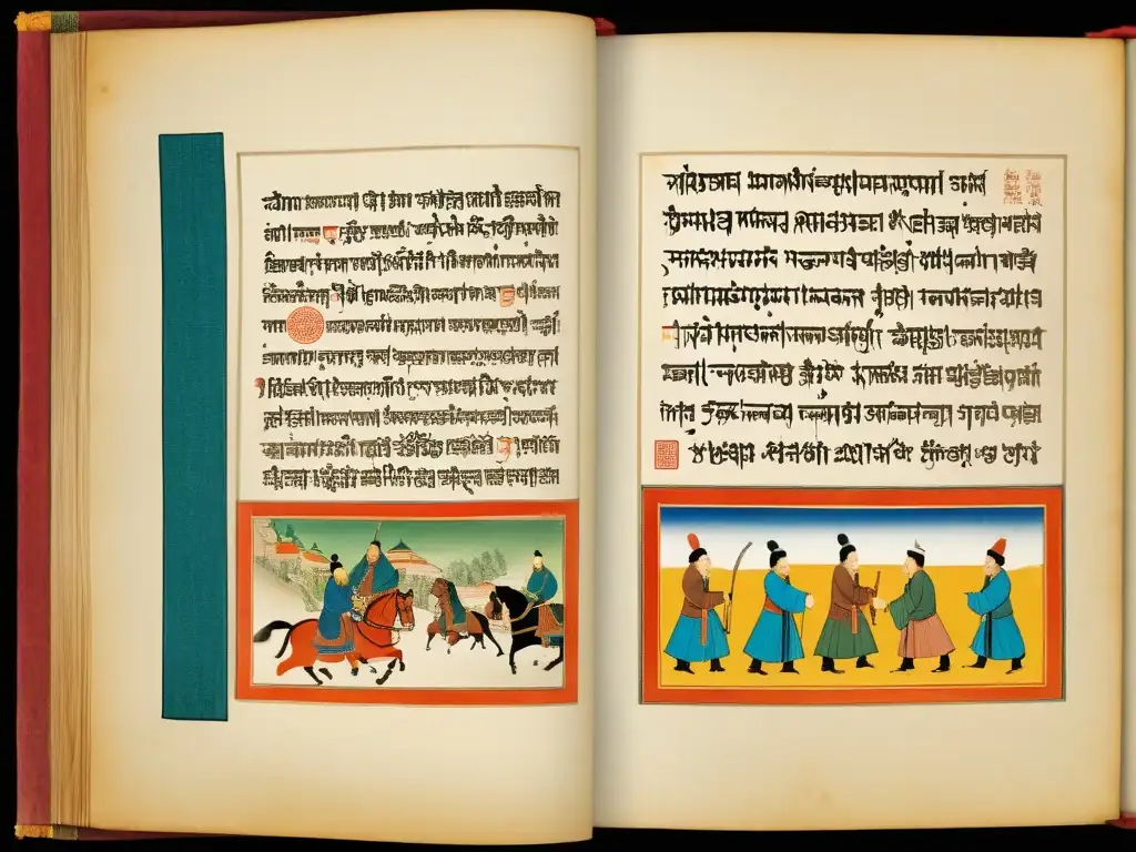 Manuscrito mongol comercio rutas: detallada ilustración en pergamino, evocando vida diaria y comercio en la antigua Mongolia