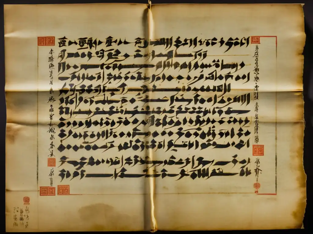 Manuscrito de la Reforma legal Imperio Mongol en pergamino antiguo, rodeado de artefactos de la era, en museo ornado y tenue