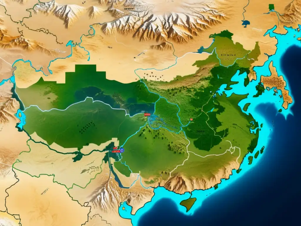 Mapa de alta resolución mostrando los cambios territoriales del Imperio Mongol, destacando su vasta expansión y complejas divisiones administrativas