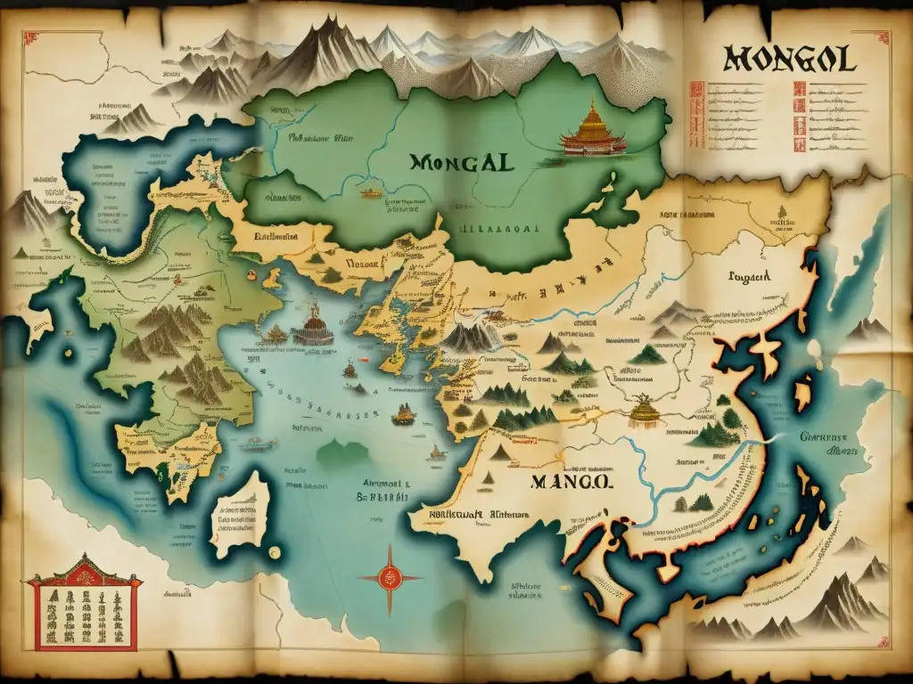 Mapa antiguo detallado del Imperio Mongol con historias olvidadas y conquistas preservadas en las sombras y contornos del terreno