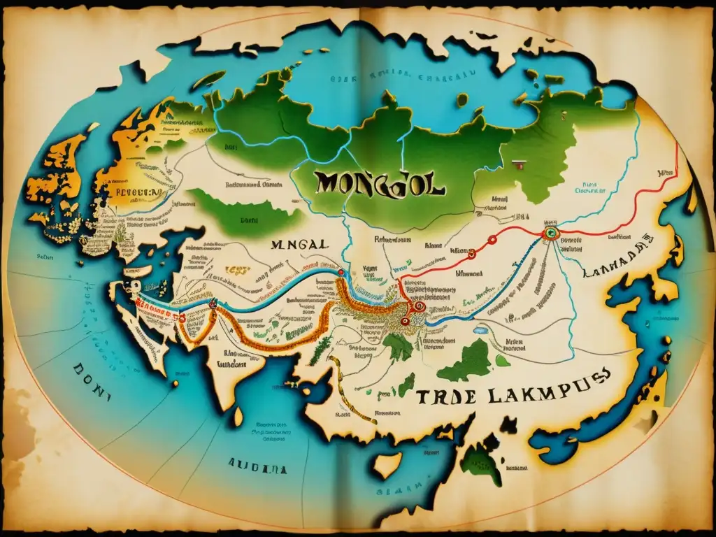 Mapa antiguo detallado del Imperio Mongol, revelando rutas comerciales, paisajes y cultura