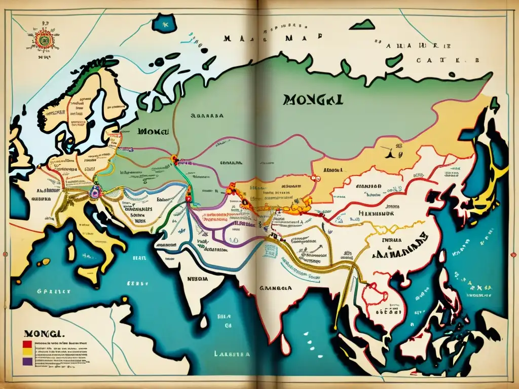 Mapa antiguo del Imperio Mongol, detallado y colorido, con rutas comerciales y señales culturales