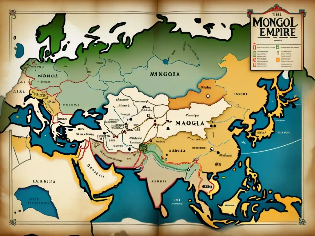 Mapa antiguo del Imperio Mongol con redes de espionaje y rutas estratégicas