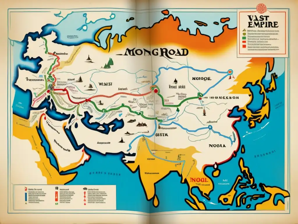 Mapa antiguo detallando las innovaciones en comunicaciones de larga distancia de los mongoles, con la Ruta de la Seda y estaciones postales