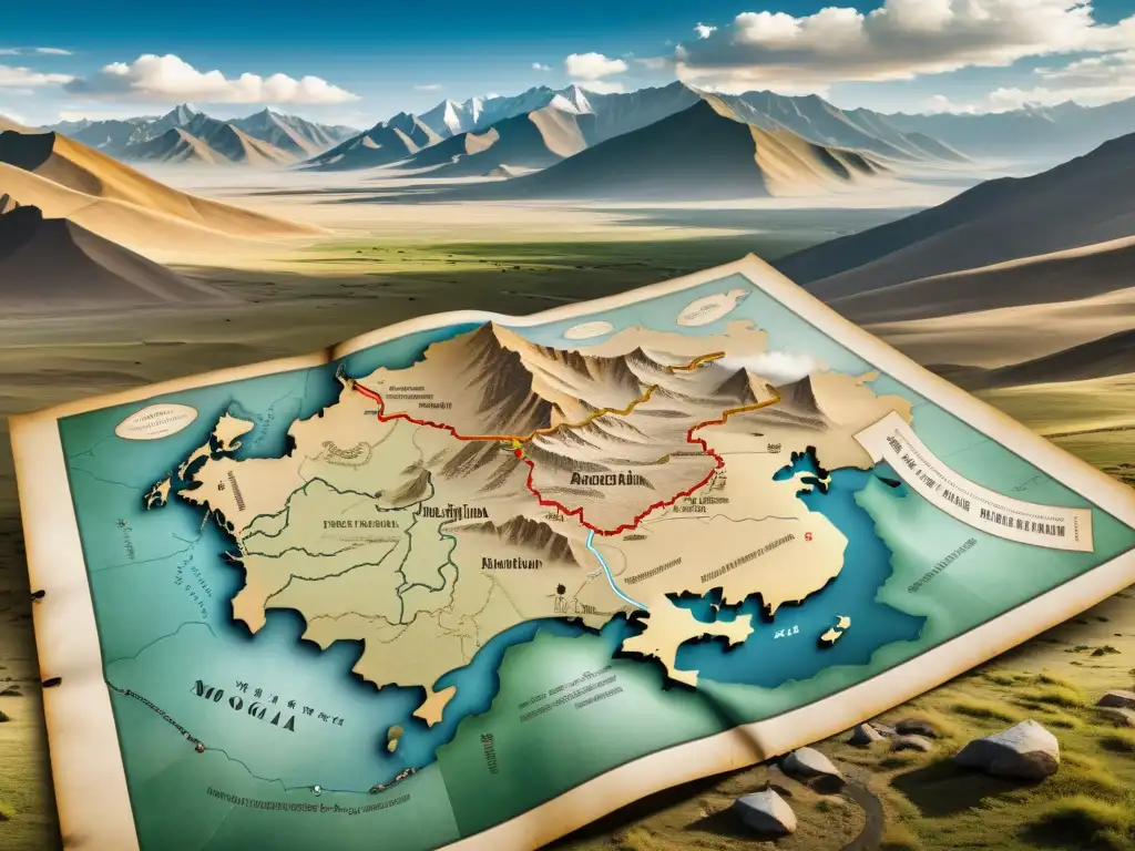 Mapa antiguo de Mongolia con expediciones militares Khanes Mongol y sus consecuencias en paisaje dramático