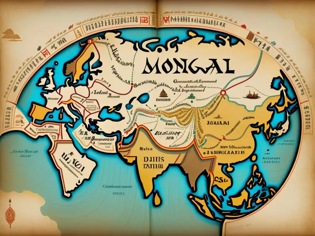 Un mapa antiguo en pergamino muestra las rutas comerciales menores del Imperio Mongol, con ilustraciones detalladas y caligrafía diversa