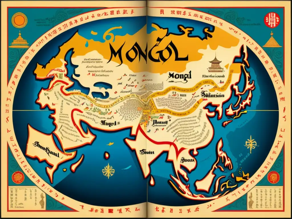 Mapa antiguo del vasto Imperio Mongol, con caligrafía detallada que muestra su legado lingüístico y cultural