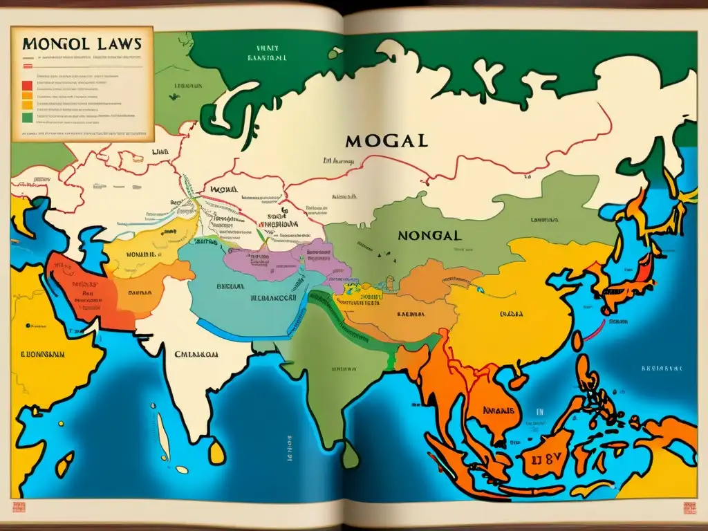 Mapa detallado en 8k mostrando la adaptación de las leyes mongolas en diferentes regiones del imperio, con ricas ilustraciones y anotaciones