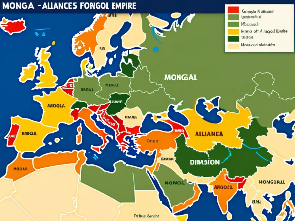 Mapa detallado de alianzas estratégicas en el Imperio Mongol, resaltando rutas y ubicaciones clave de diplomacia