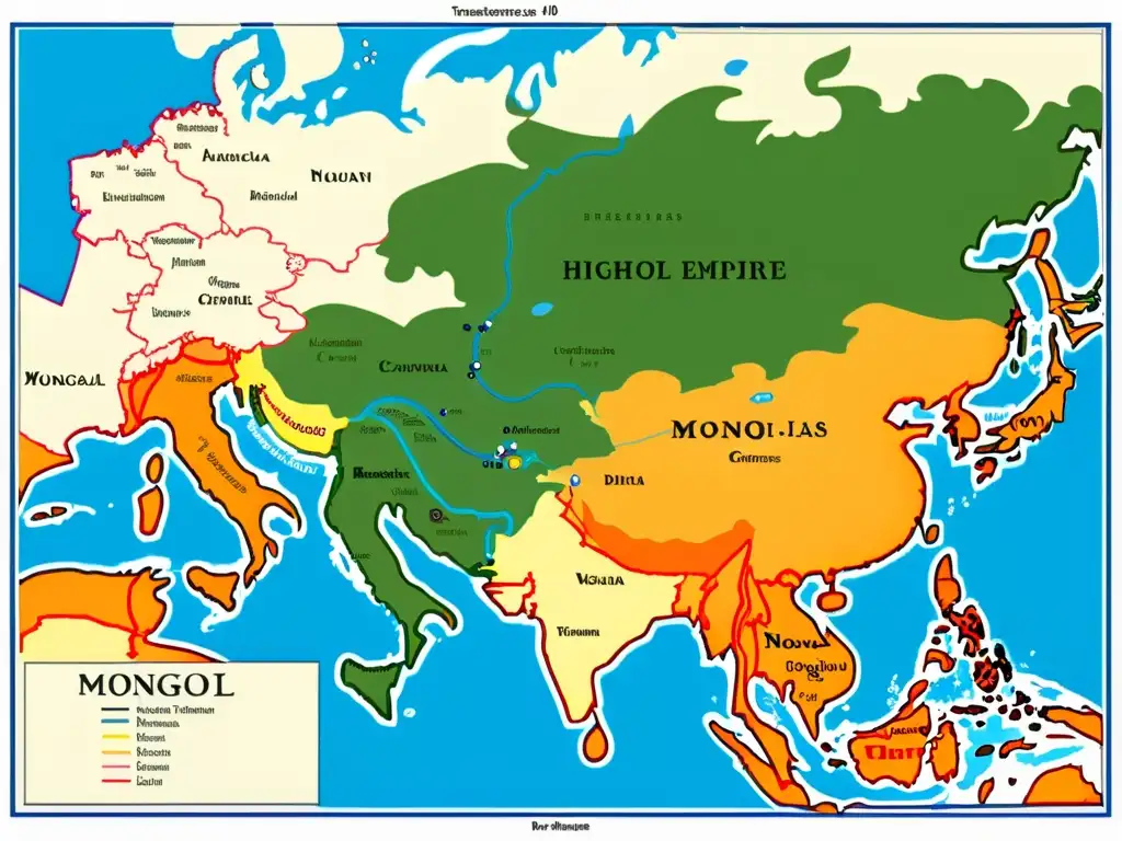 Mapa detallado y de alta resolución del Imperio Mongol en su máxima extensión, mostrando sus vastos territorios en Asia y Europa