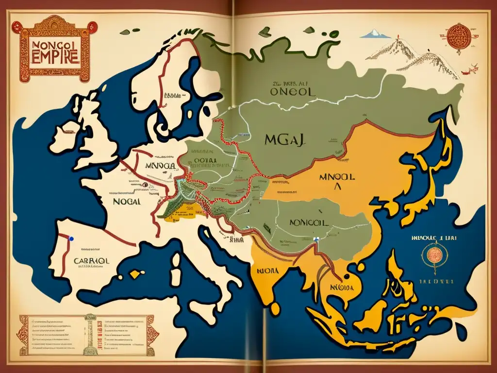 Mapa detallado del antiguo Imperio Mongol, mostrando sus extensos territorios y rutas comerciales