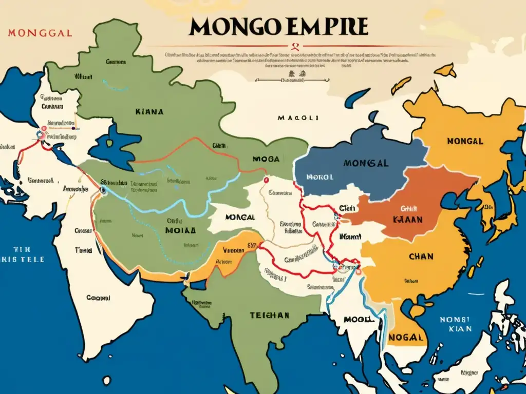 Mapa detallado del apogeo y declive del Imperio Mongol, con ciudades, rutas comerciales y eventos históricos ilustrados