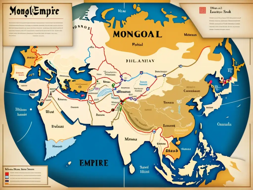 Mapa detallado del apogeo del Imperio Mongol con rutas comerciales y envoys, mostrando su diplomacia y expansión estratégica