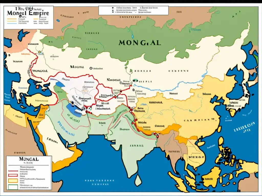 Mapa detallado del apogeo del Imperio Mongol, con colores vibrantes y fronteras intrincadas que muestran la fragmentación interna del Imperio Mongol