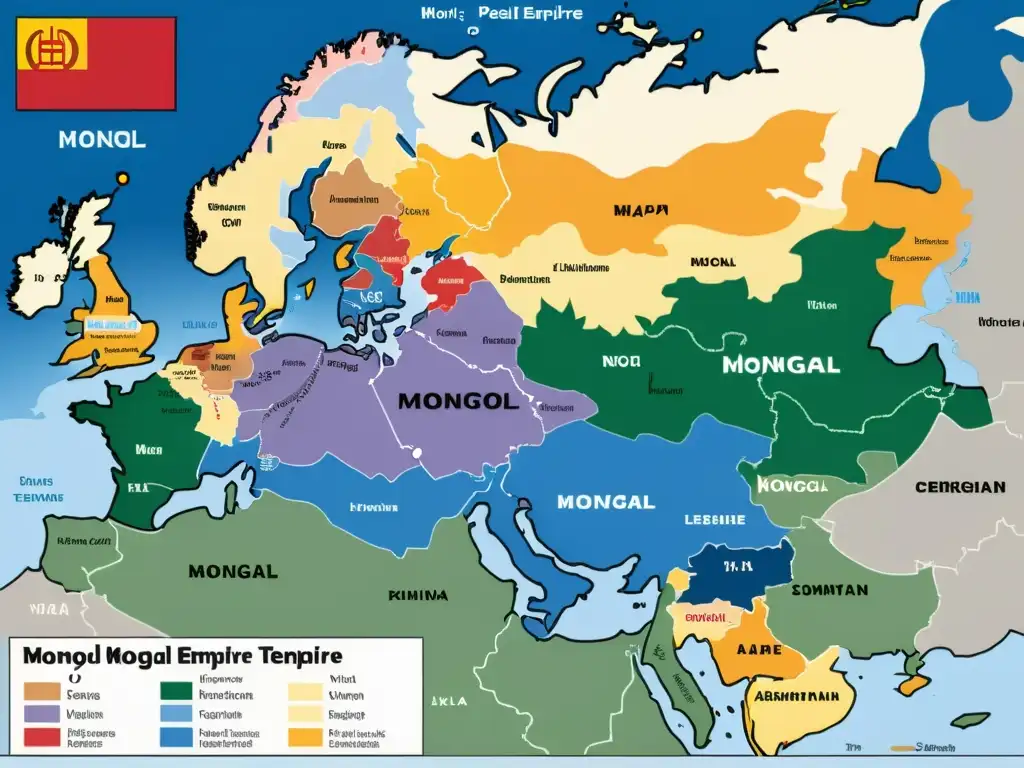 Mapa detallado del apogeo del Imperio Mongol con regiones coloridas y batallas clave, reflejando su declive