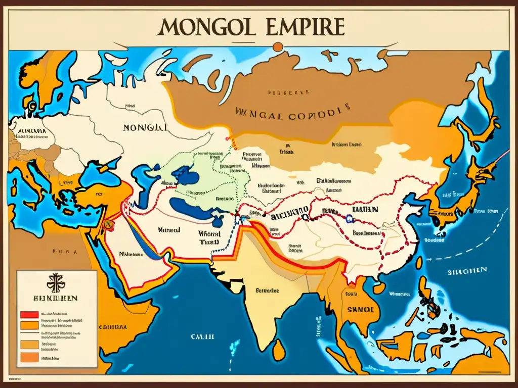 Mapa detallado del apogeo del Imperio Mongol, con influencias externas en su declive