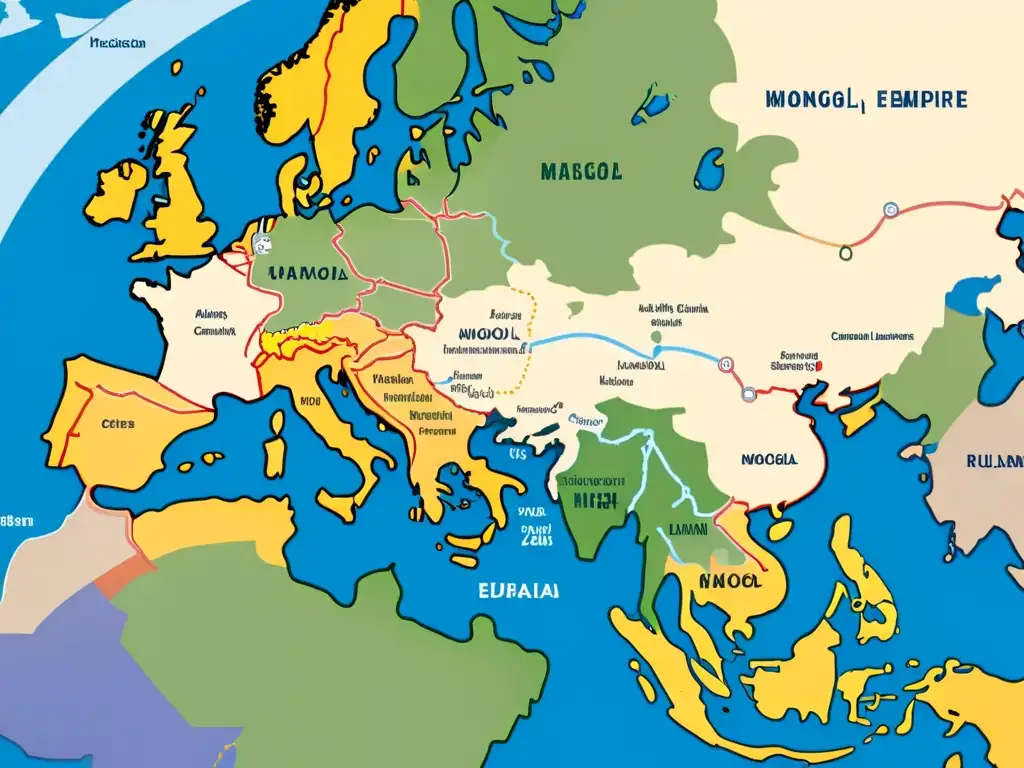 Mapa detallado de Eurasia durante el apogeo del Imperio Mongol, mostrando una unificación comercial y vibrante red de rutas y ciudades