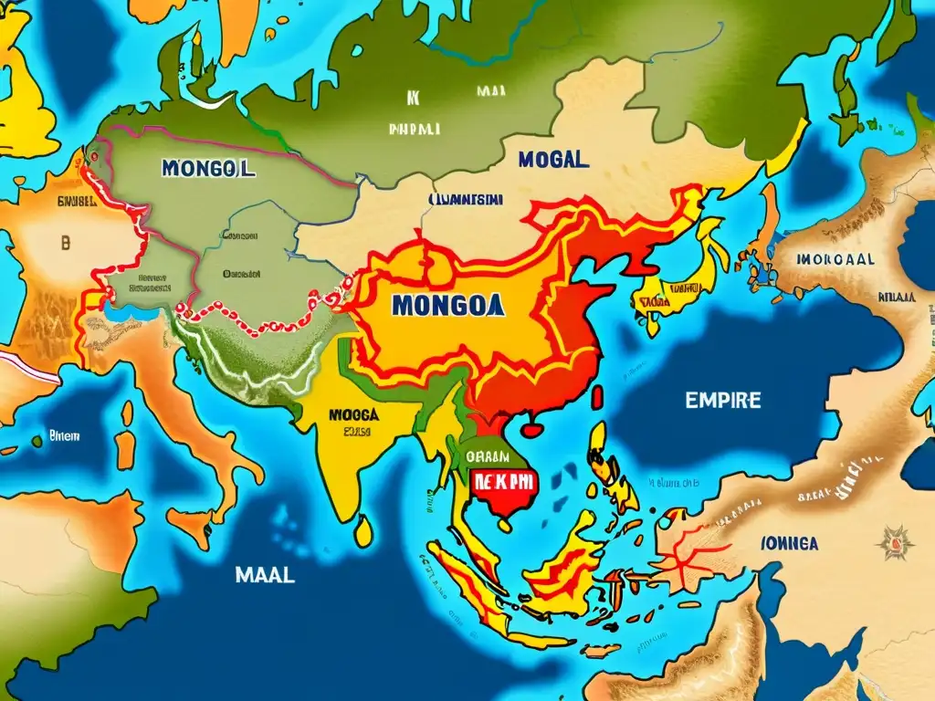 Mapa detallado en 8k del apogeo del Imperio Mongol, con rutas comerciales, territorios conquistados y hitos históricos