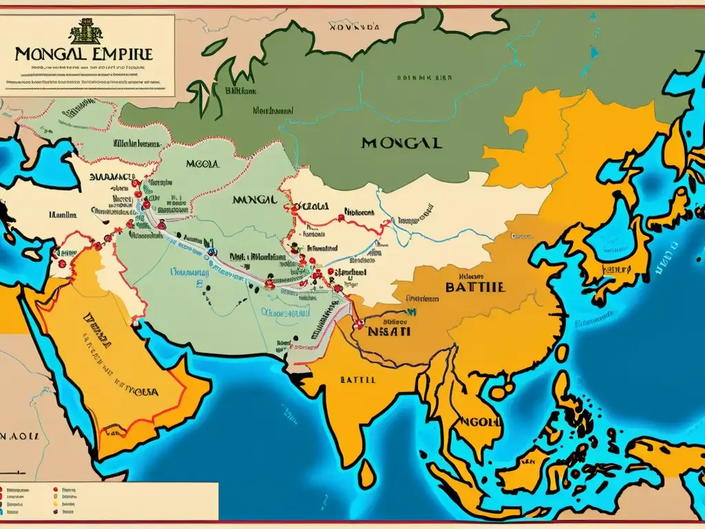 Mapa detallado del apogeo del Imperio Mongol, mostrando estrategias militares de los mongoles y extensos territorios conquistados