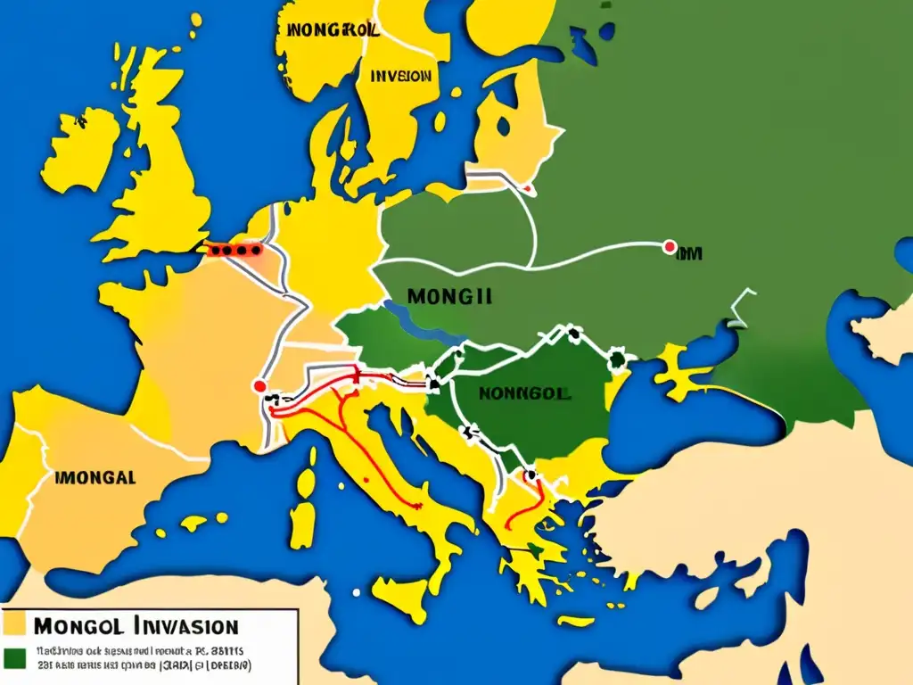 Mapa detallado del avance del Imperio Mongol en Europa, con batallas marcadas y guerreros en caballo, ilustrando el encuentro Imperio Mongol Europa