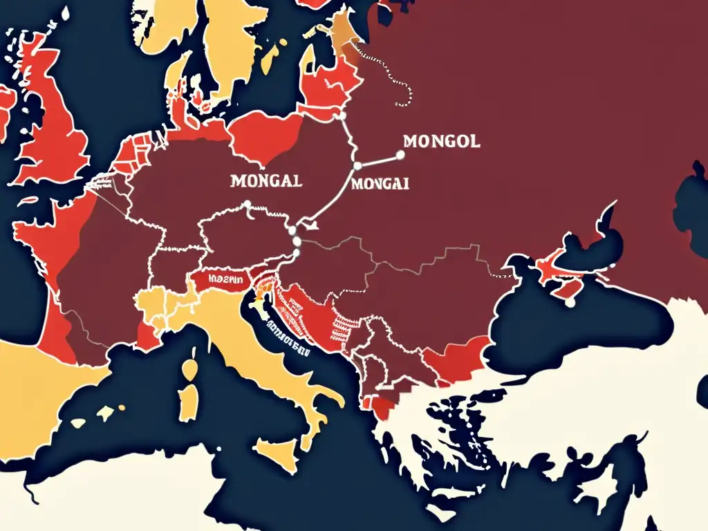 Mapa detallado de Europa del Este con avance del Imperio Mongol en rojo oscuro, destacando movimiento de fuerzas y territorios conquistados