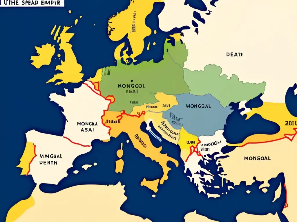 Mapa detallado en 8k del avance del Imperio Mongol y la propagación de la Peste Negra