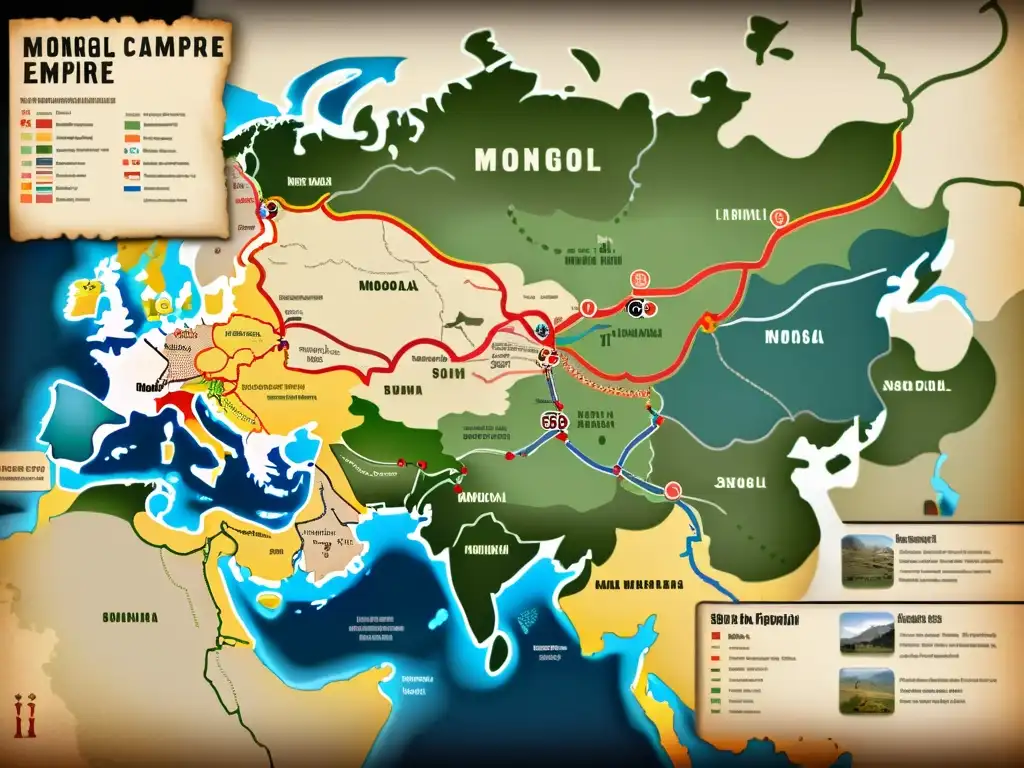 Mapa detallado de las campañas militares del Imperio Mongol, destacando batallas y rutas, con ilustraciones de enfermedades