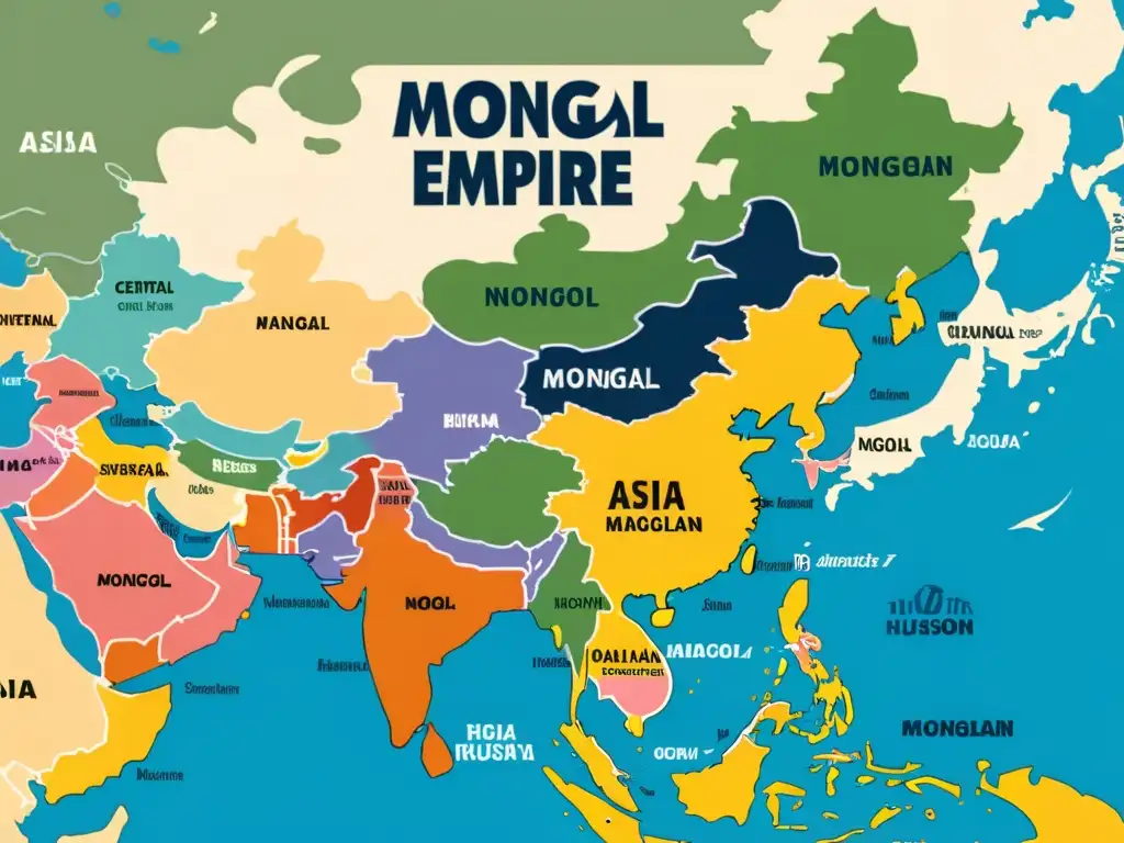 Mapa detallado de Asia Central con influencias lingüísticas del Imperio Mongol y fusiones culturales en calligrafía y colores vibrantes