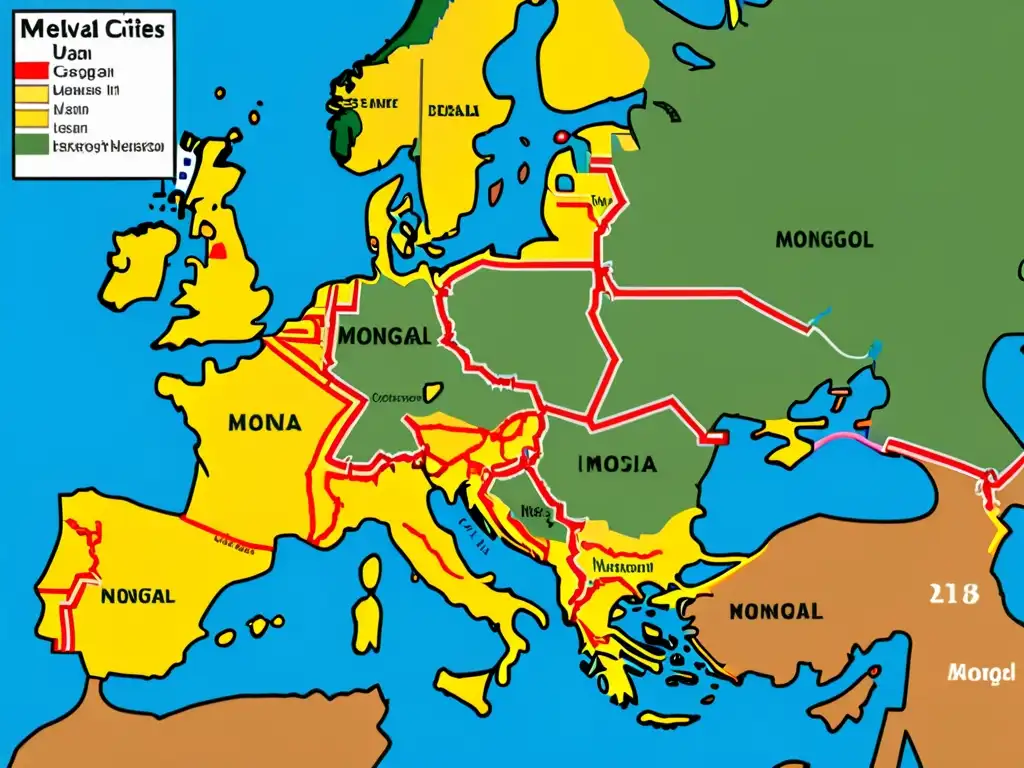 Mapa detallado de ciudades medievales europeas con rutas comerciales y las invasiones mongoles, destacando el legado del Imperio Mongol en Europa