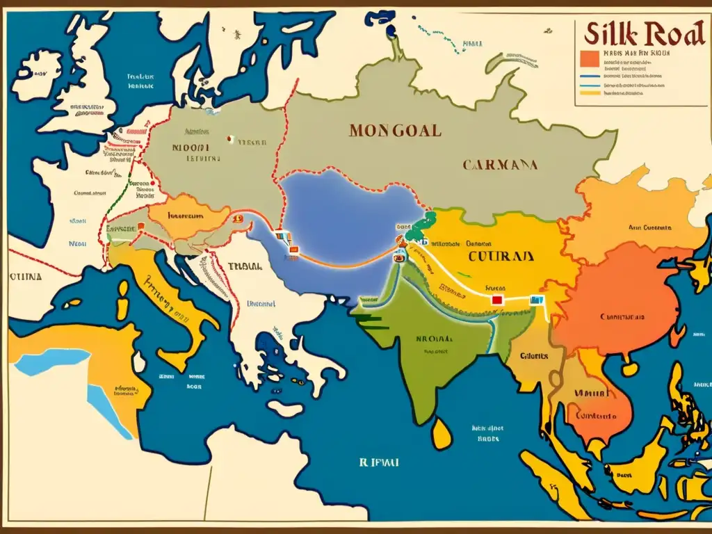 Mapa detallado del comercio de especias del Imperio Mongol: rutas, ciudades y bienes intercambiados en la antigua Ruta de la Seda