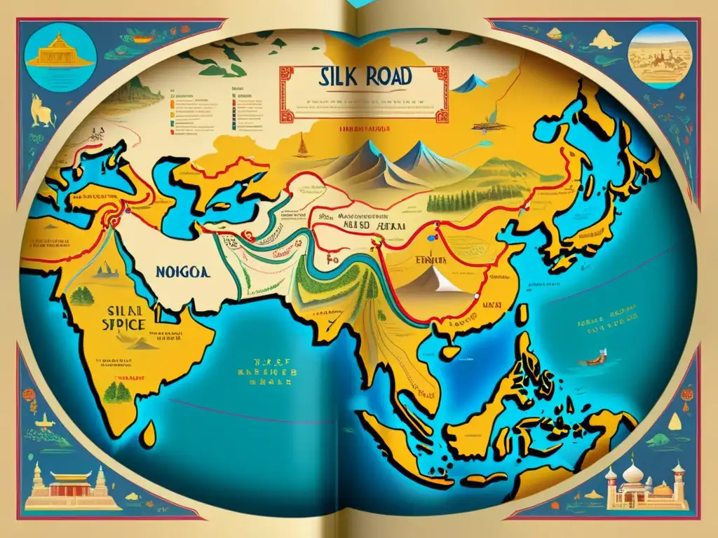 Mapa detallado del Comercio de especias Imperio Mongol con rutas comerciales, ciudades y diversidad cultural en la Ruta de la Seda