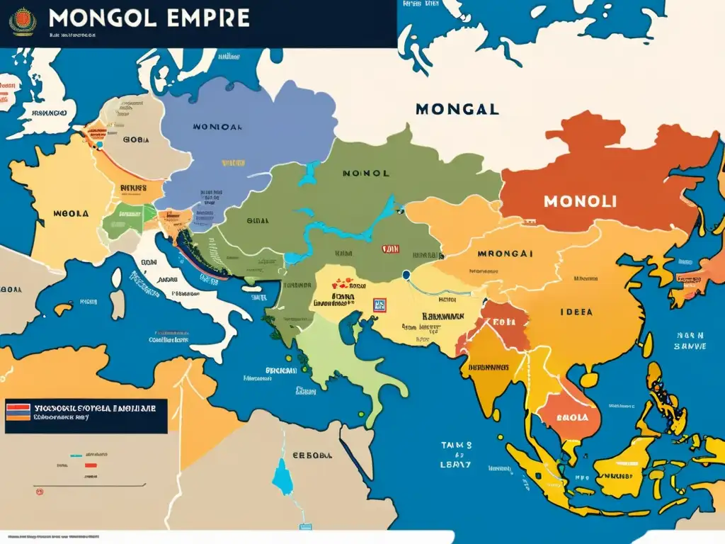 Mapa detallado del comercio global del Imperio Mongol, mostrando rutas comerciales, intercambio cultural y legado en vibrantes colores