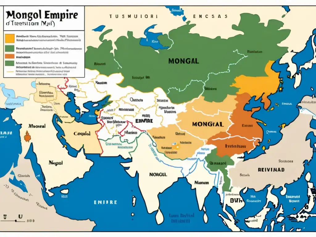 Mapa detallado de conflictos sucesorios en el Imperio Mongol, con divisiones territoriales, batallas clave y cambios de poder entre facciones rivales