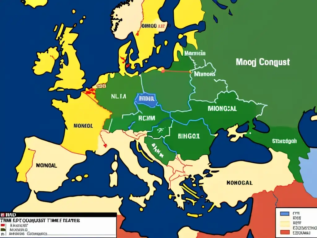 Mapa detallado de la Europa durante la Conquista Mongola, mostrando ciudades, obstáculos y movimientos de ejércitos