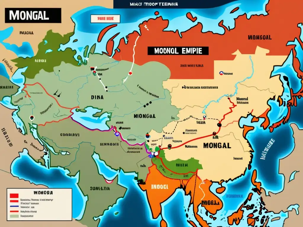 Mapa detallado de la Conquista mongola en Rusia y Europa, mostrando territorios, estrategias militares y batallas clave