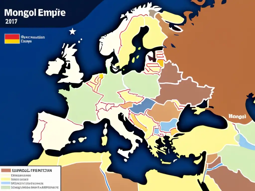 Mapa detallado de Europa con las conquistas mongolas, transformación del mapa europeo, destacando la influencia histórica